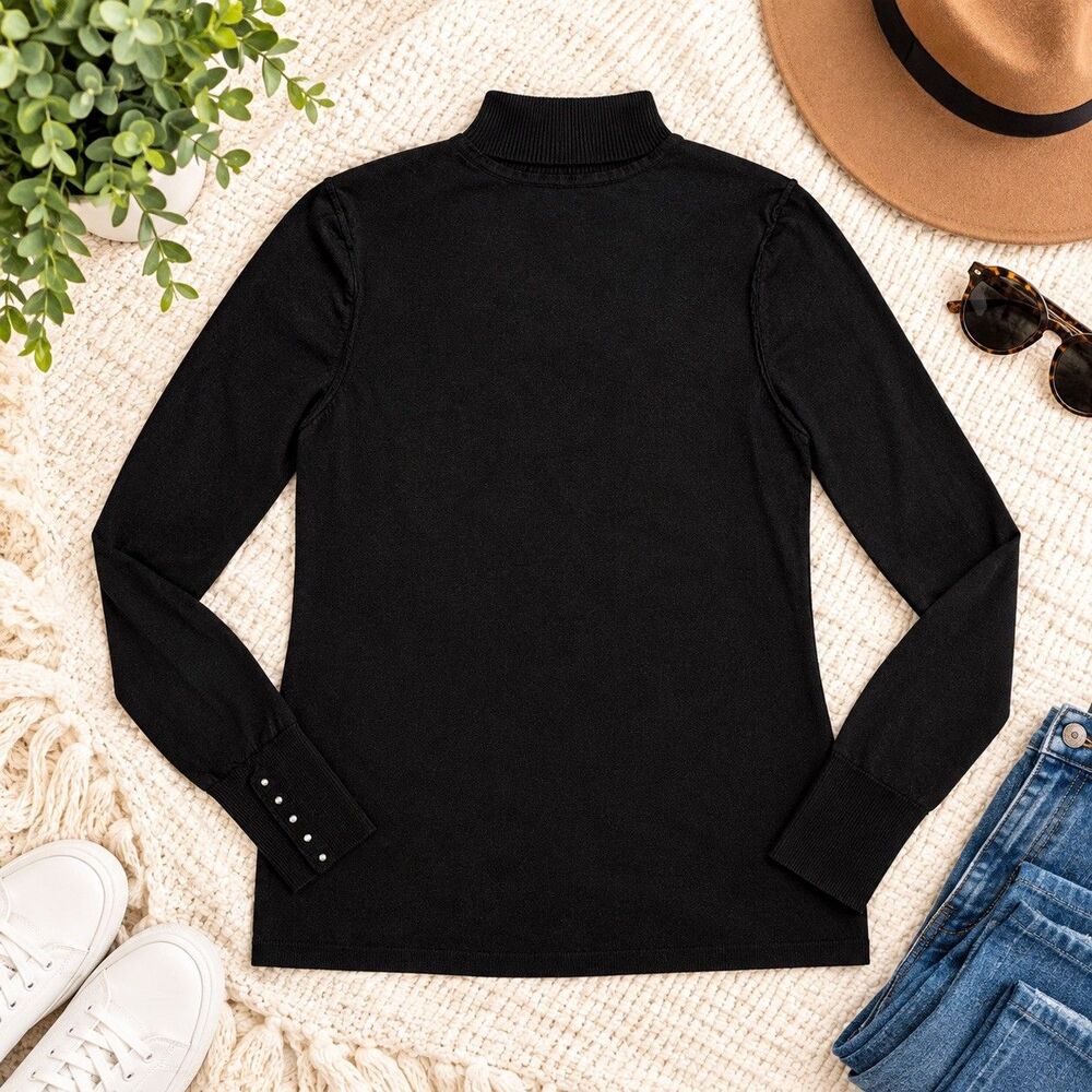 White House Black Market Black Turtleneck Sweater Ribbed Womens medium Classic